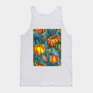 Pumpkins and different fall leaves seamless watercolor pattern. Autumn colorful composition. Thanksgiving textural background Tank Top